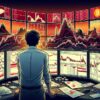 Trader, który inwestuje w kryptowaluty, ogląda wykresy giełdowe na monitorach.