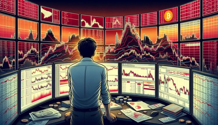 Trader, który inwestuje w kryptowaluty, ogląda wykresy giełdowe na monitorach.