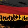 Flaga Niemiec i sylwetki imigrantów