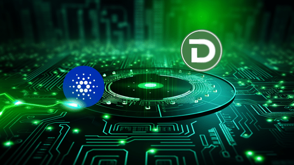 Logo Cardano (ADA) i DTX Exchange (DTX).