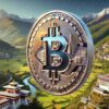krypto moneta bitcoin, w tle typowy krajobraz bhutanu