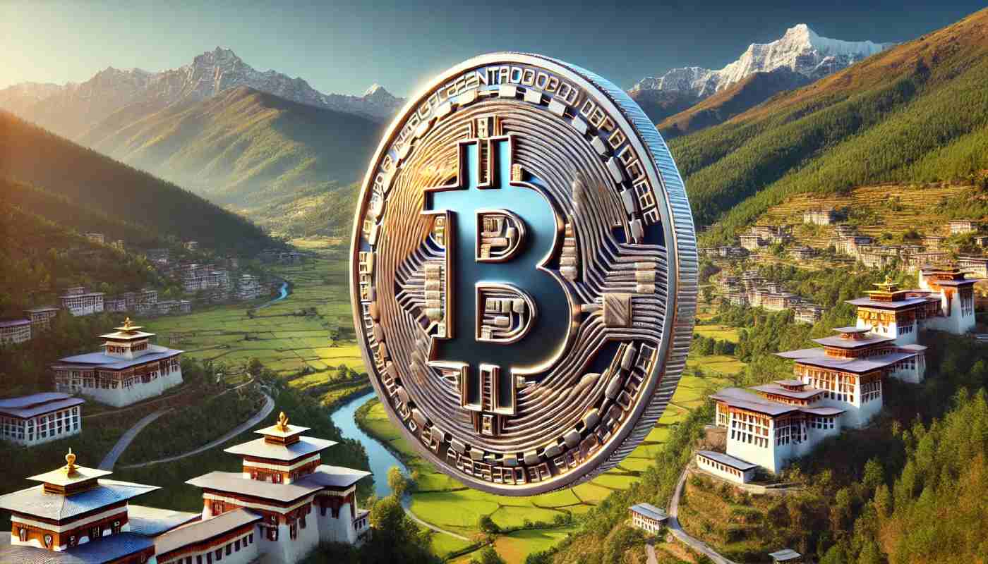 krypto moneta bitcoin, w tle typowy krajobraz bhutanu