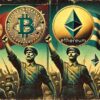 bitcoin i ethereum monety na plakacie rewolucyjnym