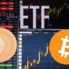 Bitcoin i Ethereum ETF, w tle wykresy giełowe.