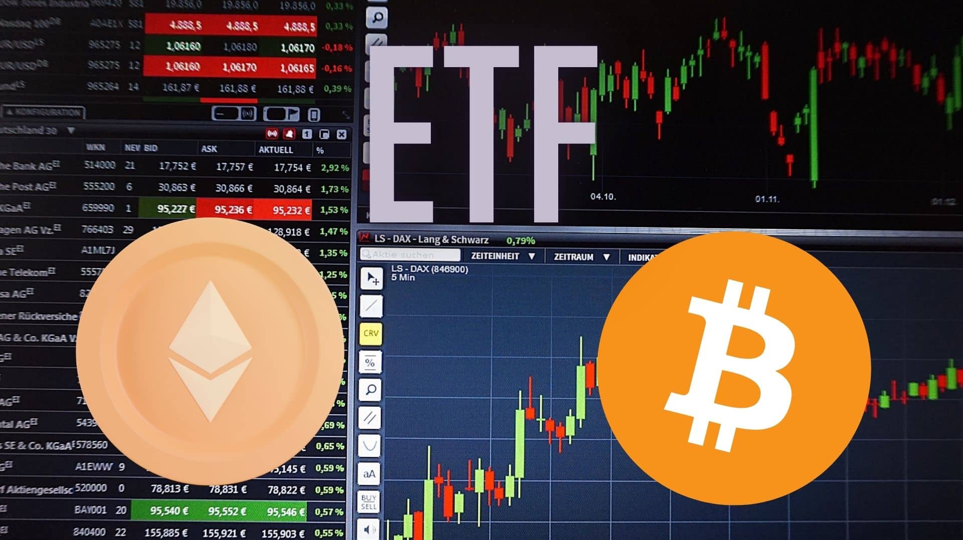 Bitcoin i Ethereum ETF, w tle wykresy giełowe.