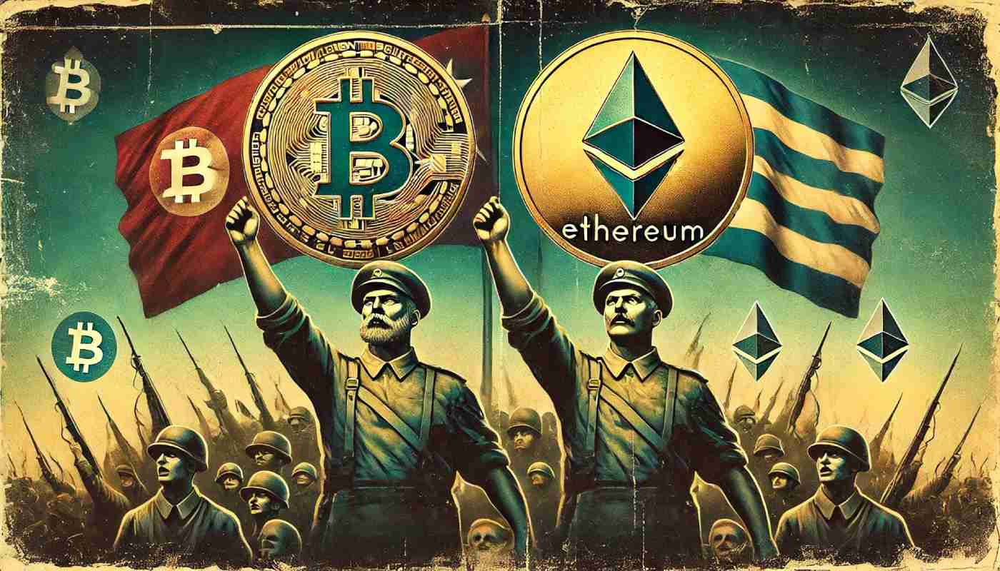 bitcoin i ethereum monety na plakacie rewolucyjnym