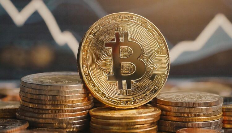 Monety Bitcoina i wykres giełdowy w tle.