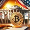 moneta bitcoin, w tle biały dom i urny do głosowania