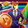 Dogen w garniturze, w tle wykresy kryptowalut u BTC.