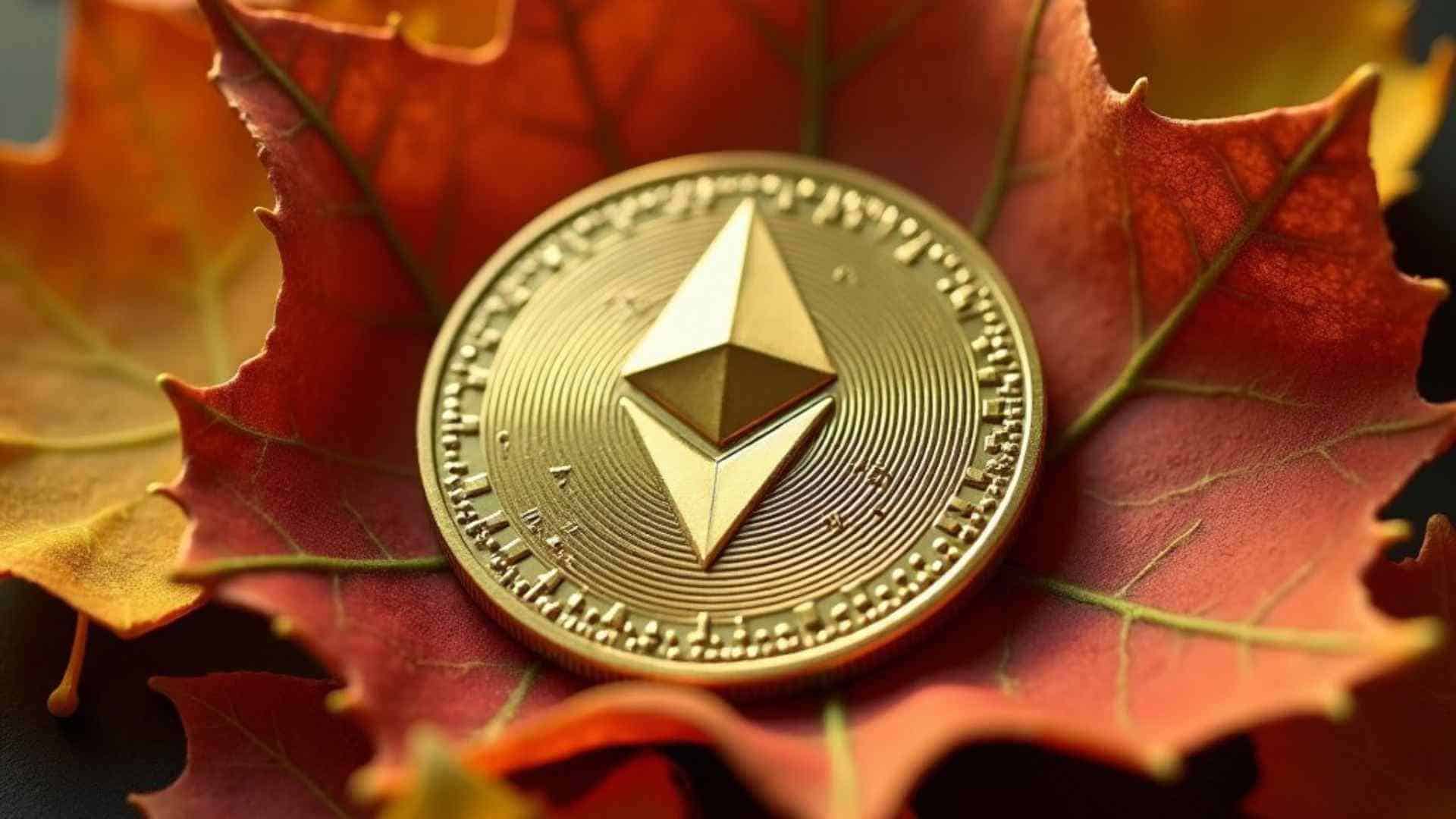 Moneta Ethereum pośród jesiennych liści.