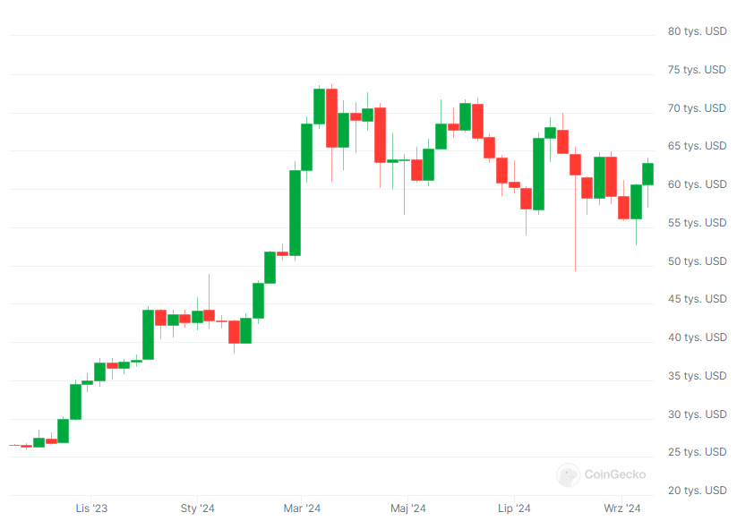 Wykres kursu kryptowaluty Bitcoin (BTC), źródło: Coingecko