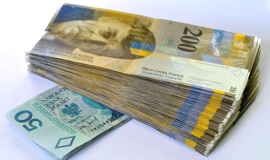 Plik banknotów we frankach i polskich złotych