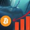 Wieloryby BTC w odwrocie. Logo BTC i czerwony wykres pokazujący spadek.