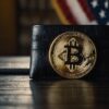 Portfel z logo Bitcoin, w tle flaga USA.