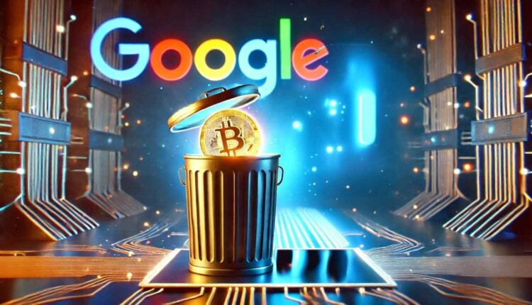 moneta bitcoin w koszu na śmieci, w tle logo google