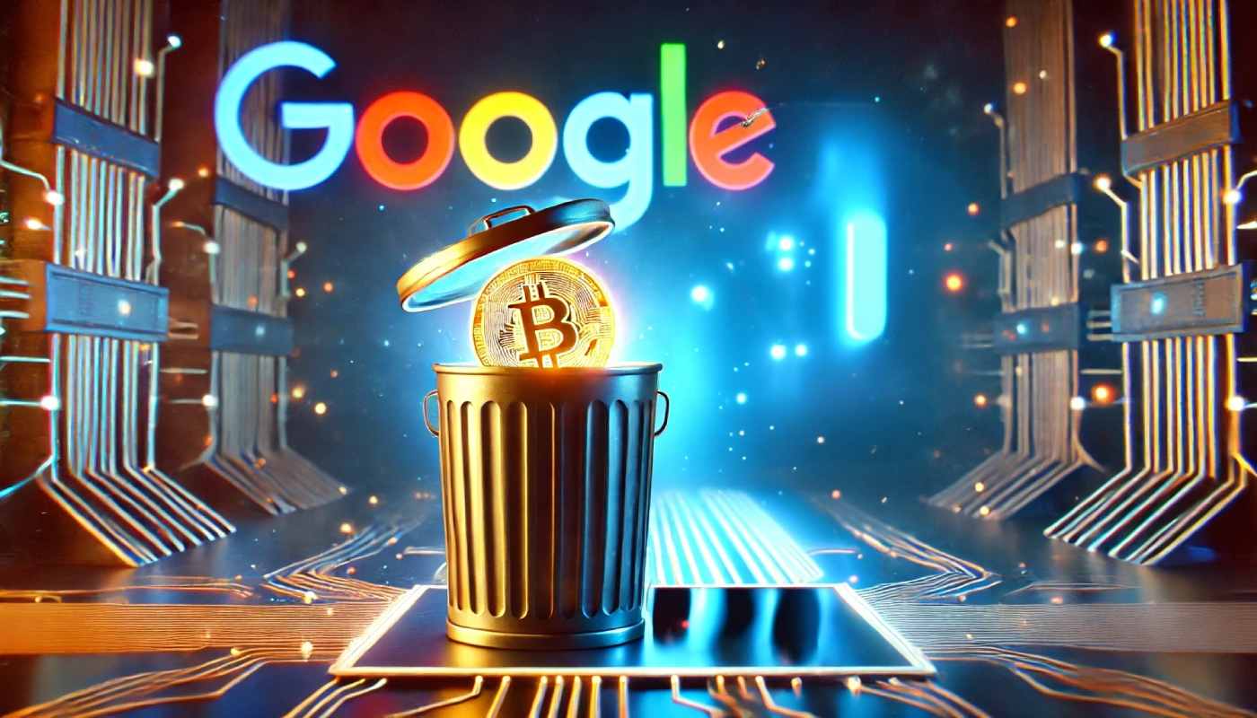 moneta bitcoin w koszu na śmieci, w tle logo google