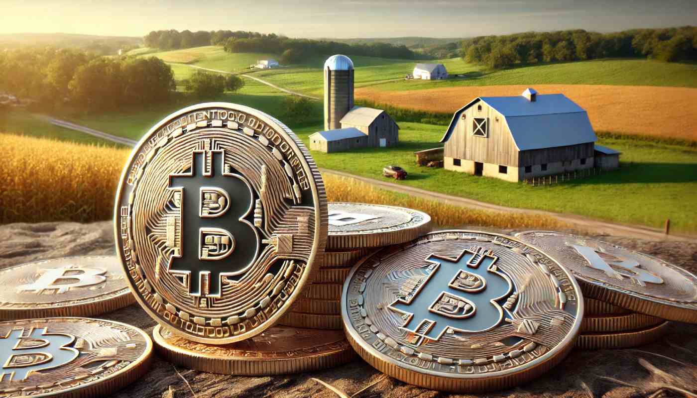 monety bitcoin, w tle typowy krajobraz dla stanu ohio