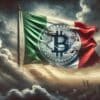 flaga włoch z monetą bitcoina, w tle włoskie krajobrazy