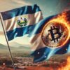 flaga salwadoru, obok płonąca moneta bitcoin na tle krajobrazu Salwadoru