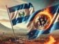 flaga salwadoru, obok płonąca moneta bitcoin na tle krajobrazu Salwadoru