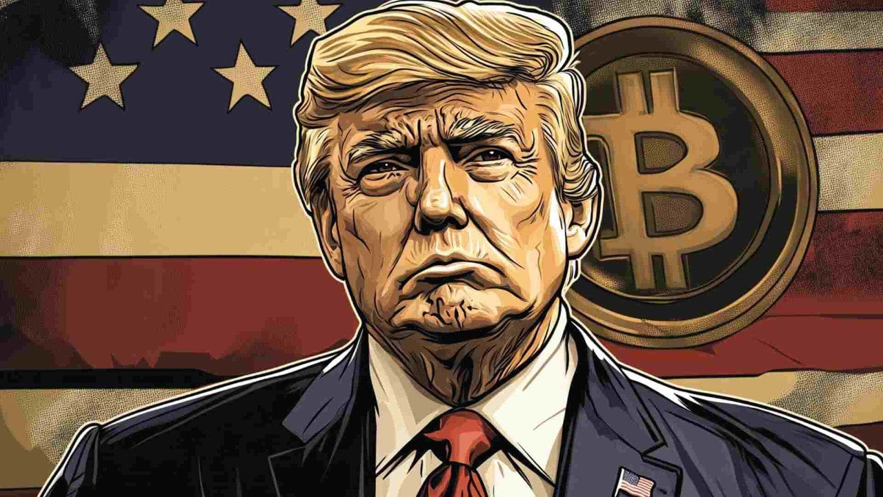 Donald Trump, za nim Bitcoin na tle flagi USA.