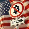 znak zakazujący kryptowaluty bitcoin, w tle flaga USA