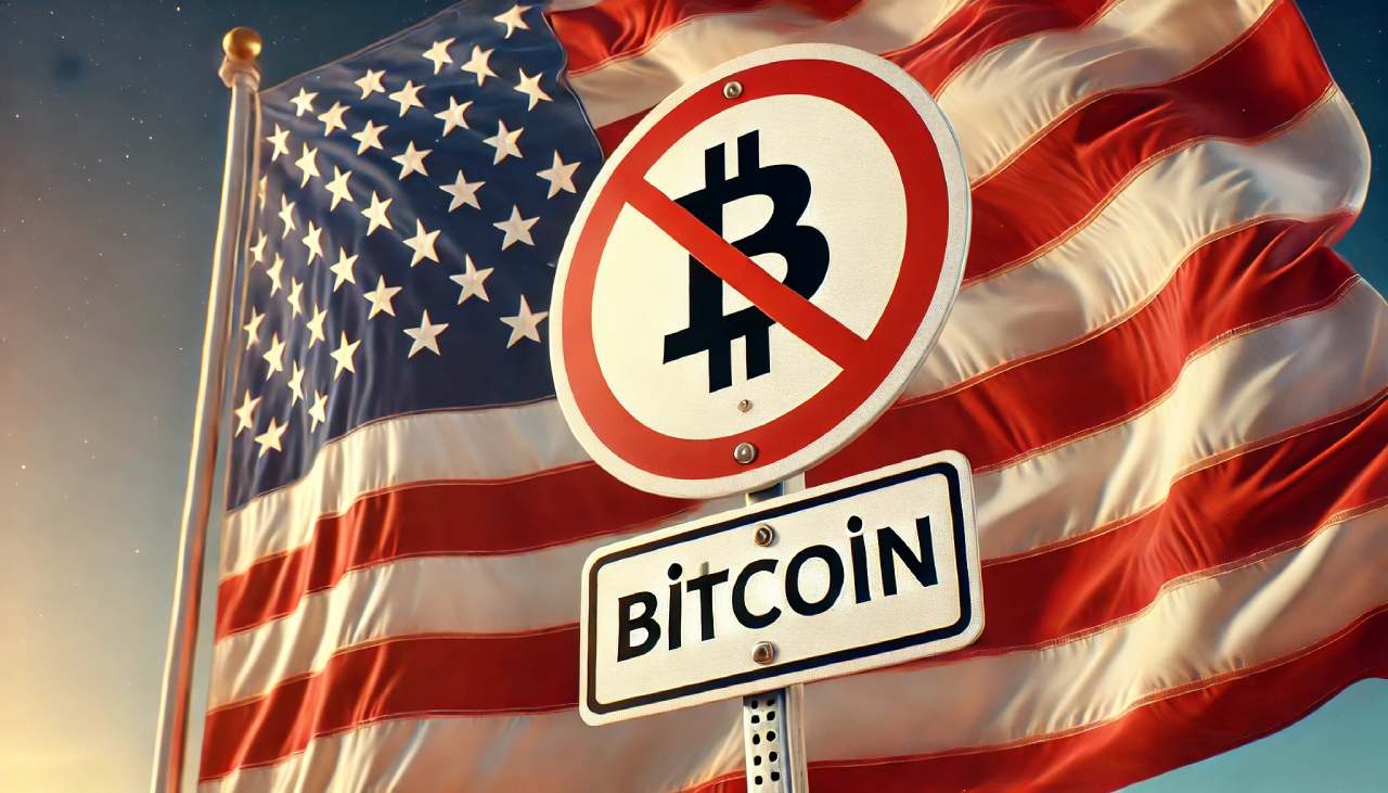 znak zakazujący kryptowaluty bitcoin, w tle flaga USA