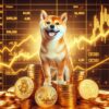 Dogecoin stojący na monetach BTC. W tle wykresy giełdowe.