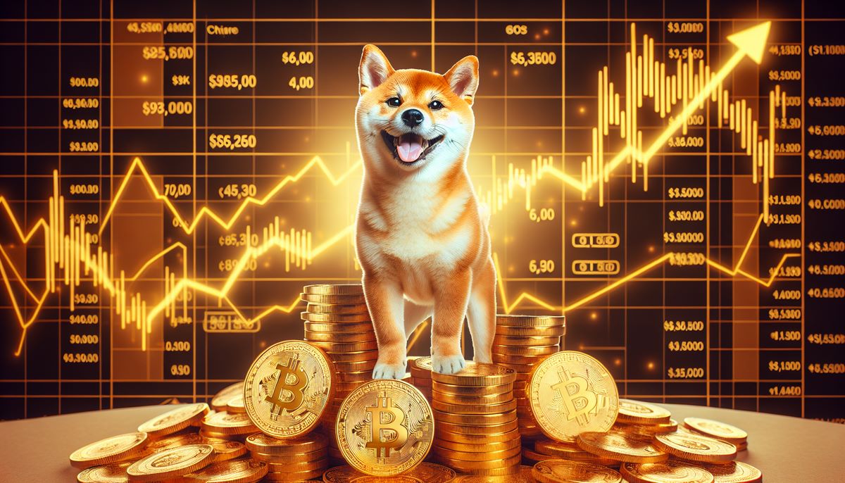 Dogecoin stojący na monetach BTC. W tle wykresy giełdowe.