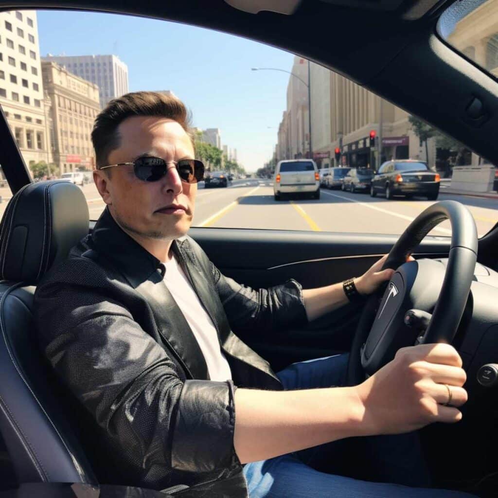 elon musk siedzący za kierownicą samochodu tesla