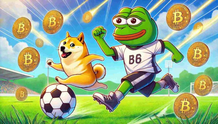 Grafika promująca projekt Memebet: Doge i Pepe grają w piłkę nożną. Z nieba lecą Bitcoiny.