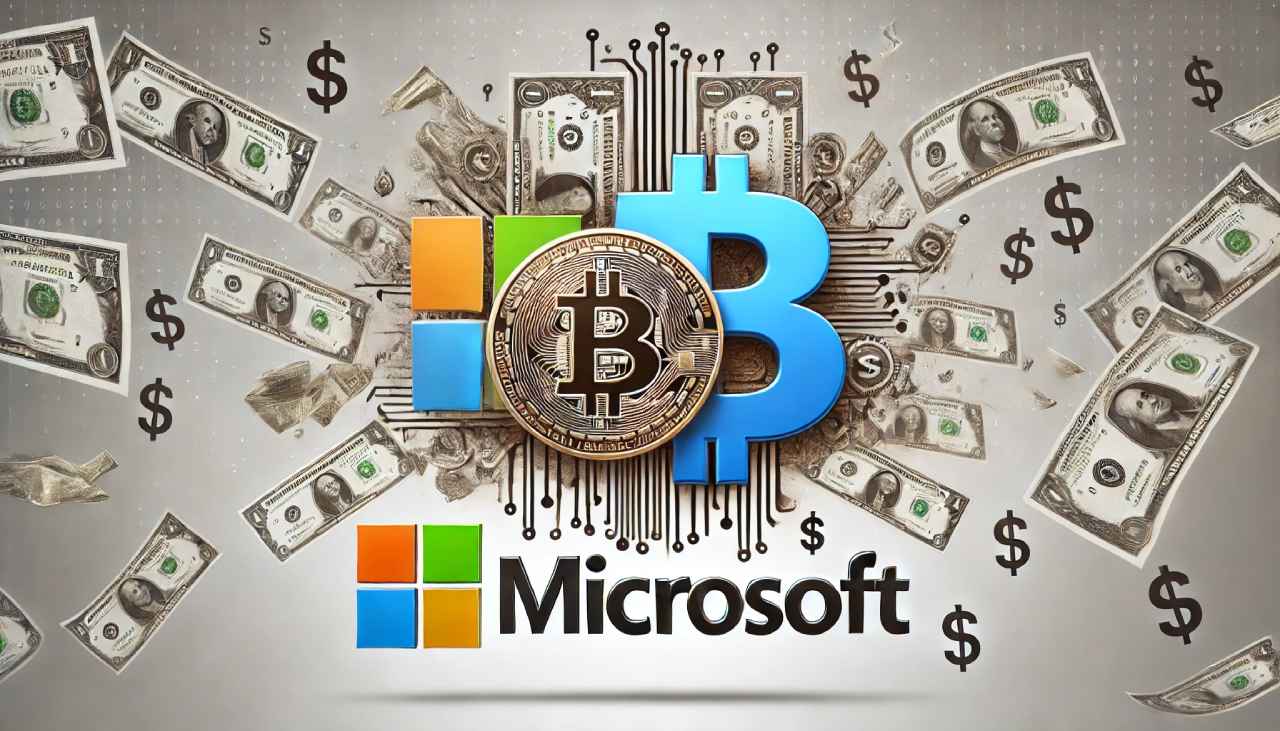 logo microsoft i moneta bitcoin w morzu dolarów