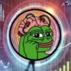 Logo Pepe Unchained, w tyle wykresy giełdowe.