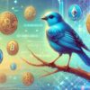 Ptak na galęzi pośród Bitcoinów.