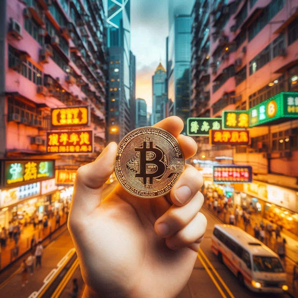 ręka pracownika giełdy kryptowalut w Hongkongu trzymająca Bitcoin