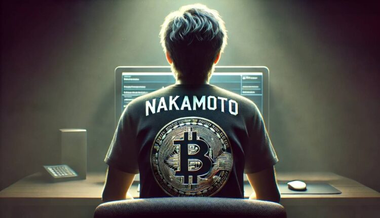 satoshi nakamoto w t-shircie z logo bitcoin przed komputerem