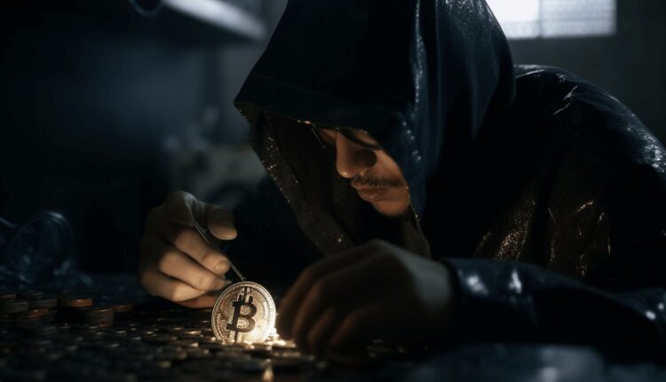mityczny satoshi nakamoto pochylony nad monetą bitcoin
