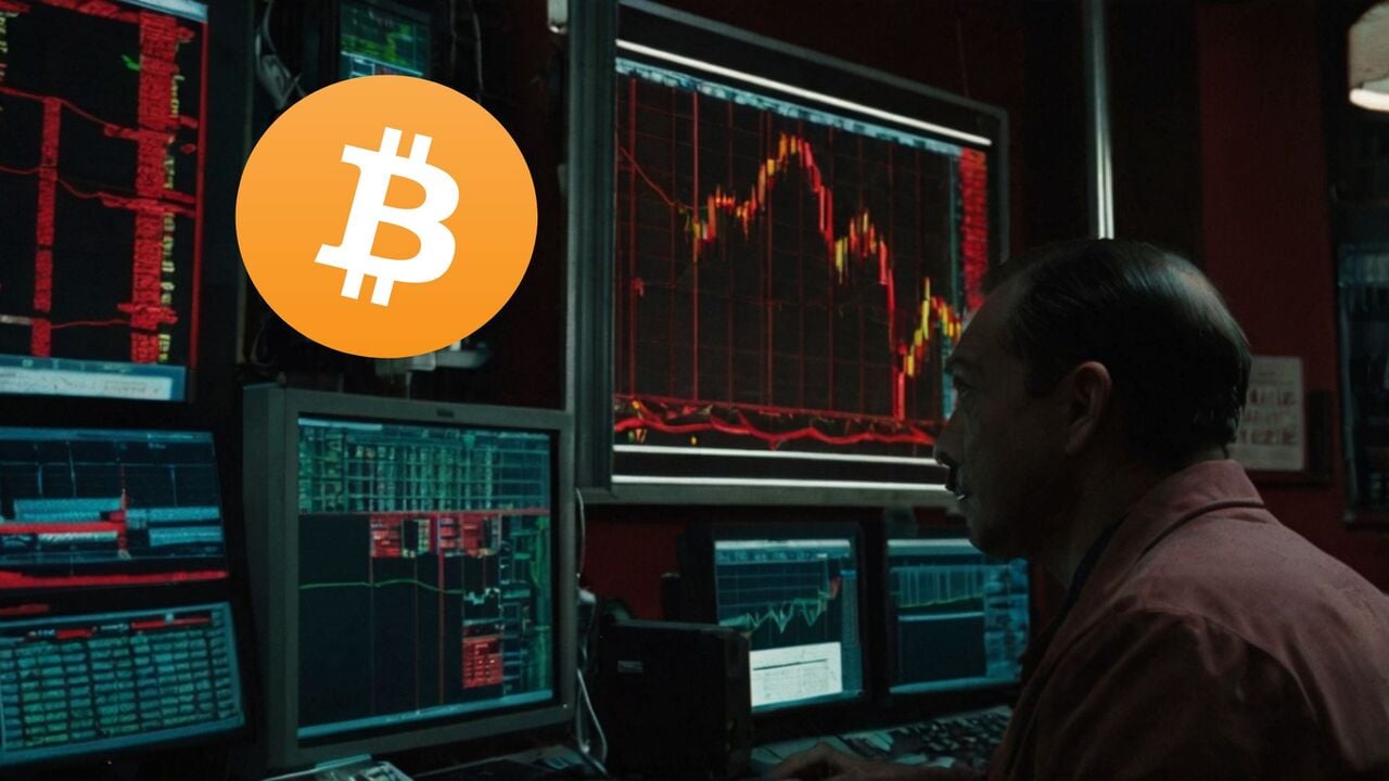 Trader obserwuje spadek Bitcoina i czerwone wykresy.