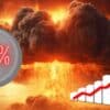 Wykres pokazujący spadek, kryptowaluta ze stratą, grzyb atomowy w tle.