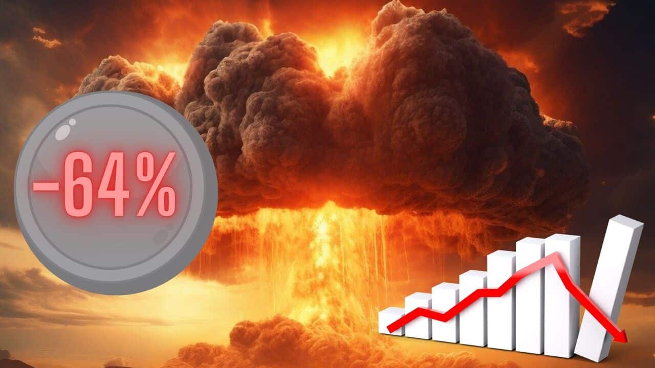 Wykres pokazujący spadek, kryptowaluta ze stratą, grzyb atomowy w tle.