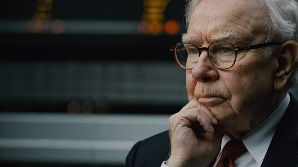 Zamyślony Warren Buffett spoglądający przed siebie.