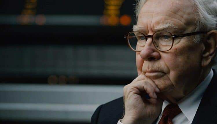 Zamyślony Warren Buffett spoglądający przed siebie.