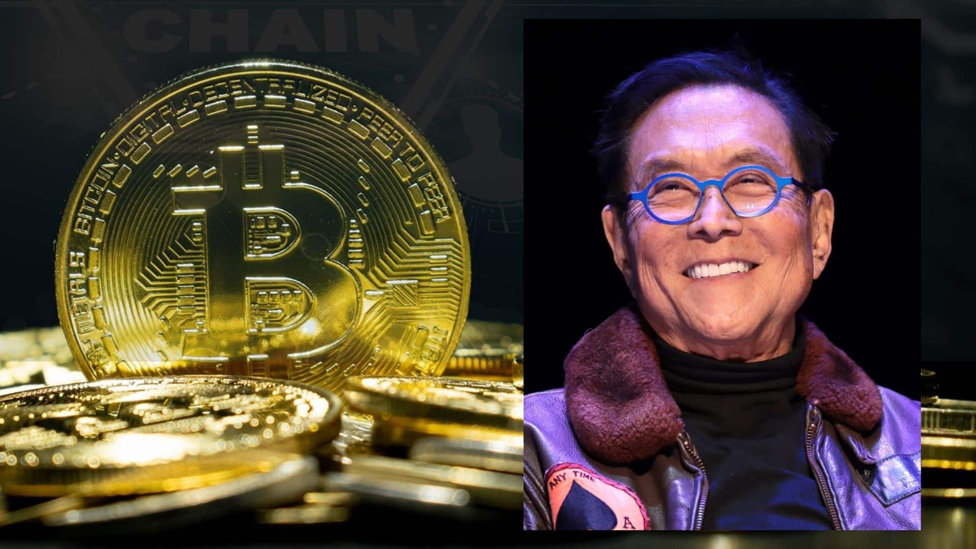 Uśmiechnięty Robert Kiyosaki spogląda na złote monety Bitcoin.