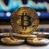 Bitcoin, w tle wykresy giełdowe.