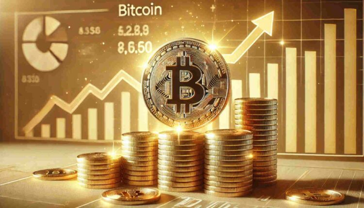 Bitcoin na złotym tle z wykresem wzrostu.