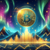 Bitcoin na niebie, w tle złoty wykres.