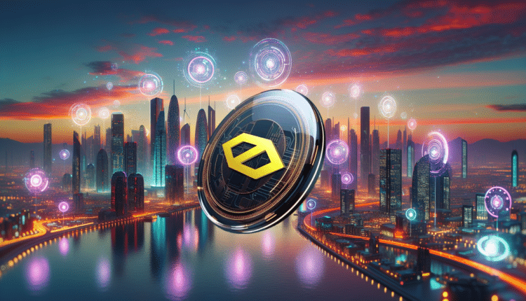 Token Cybro, w tle panorama miasta.