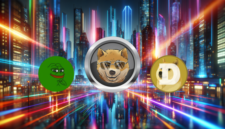 Pepe, Doge i Dogen na tle futurystycznego miasta.