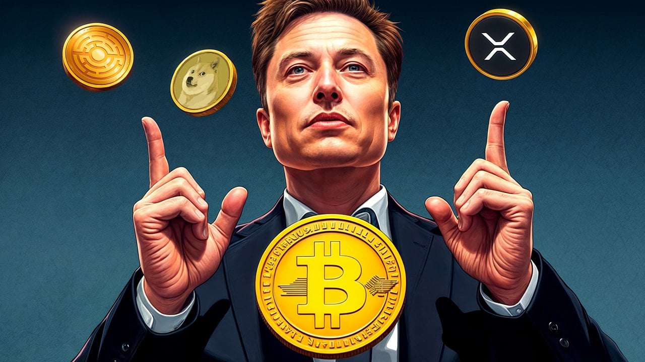 Elon Musk w otoczeniu coinów Bitcoin i Dogecoin