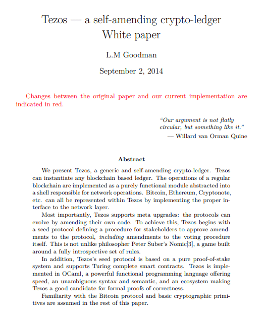 Whitepaper projektu Tezos z 2014 r., źródło: oficjalna strona projektu